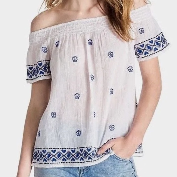 Lucky Brand White & Blue embroidered Off-Shoulder sheer cover up blouse Small‎ - Picture 1 of 10